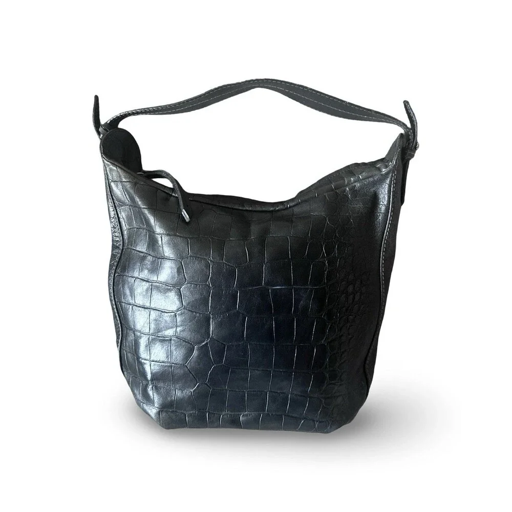Furla Black Crocodile Leather Embossed Hobo Bag - Picture 9 of 14